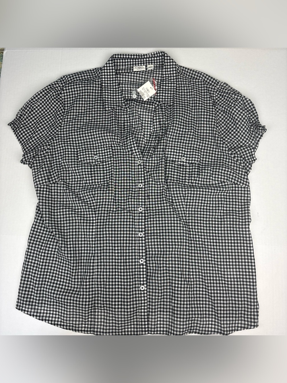 Cato Women 26W 28W Shirt Gingham Black White Check Short Sleeve Button Up Light